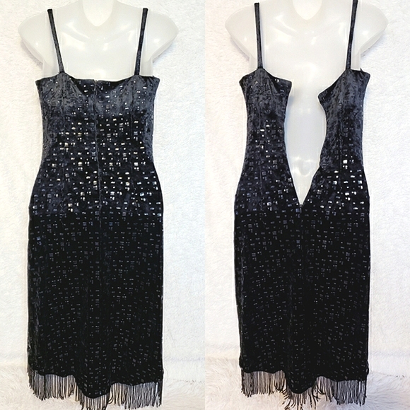 Black Beaded Velvet Leather Dress with Jacket 80s Vintage Italian Couture - Picture 6 of 15